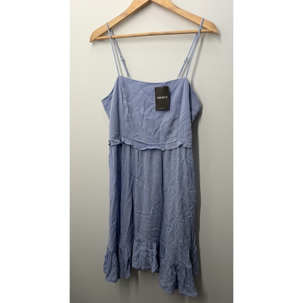 Forever 21 Womens Periwinkle Woven Dress Size Large Ruffle Lace Up Back NWT